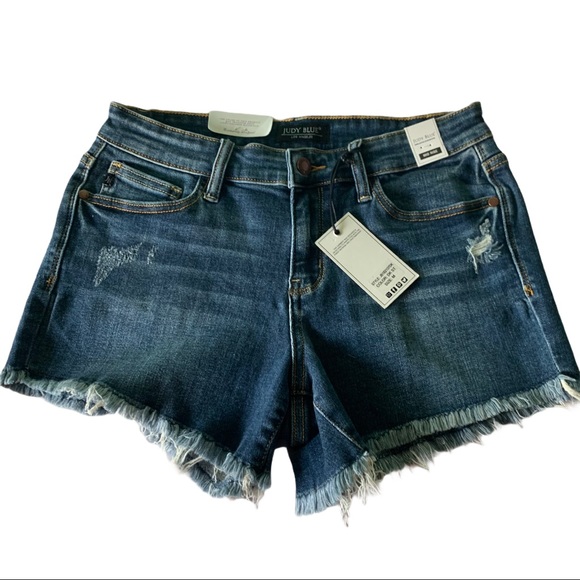 Judy Blue Pants - Judy Blue Mid Rise Distressed Hem Jean Short Med